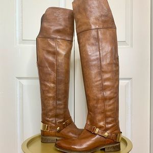 Aldo Leather Riding Boots Caramel Brown Knee-High Gold Accents EUR 37.5 US 7